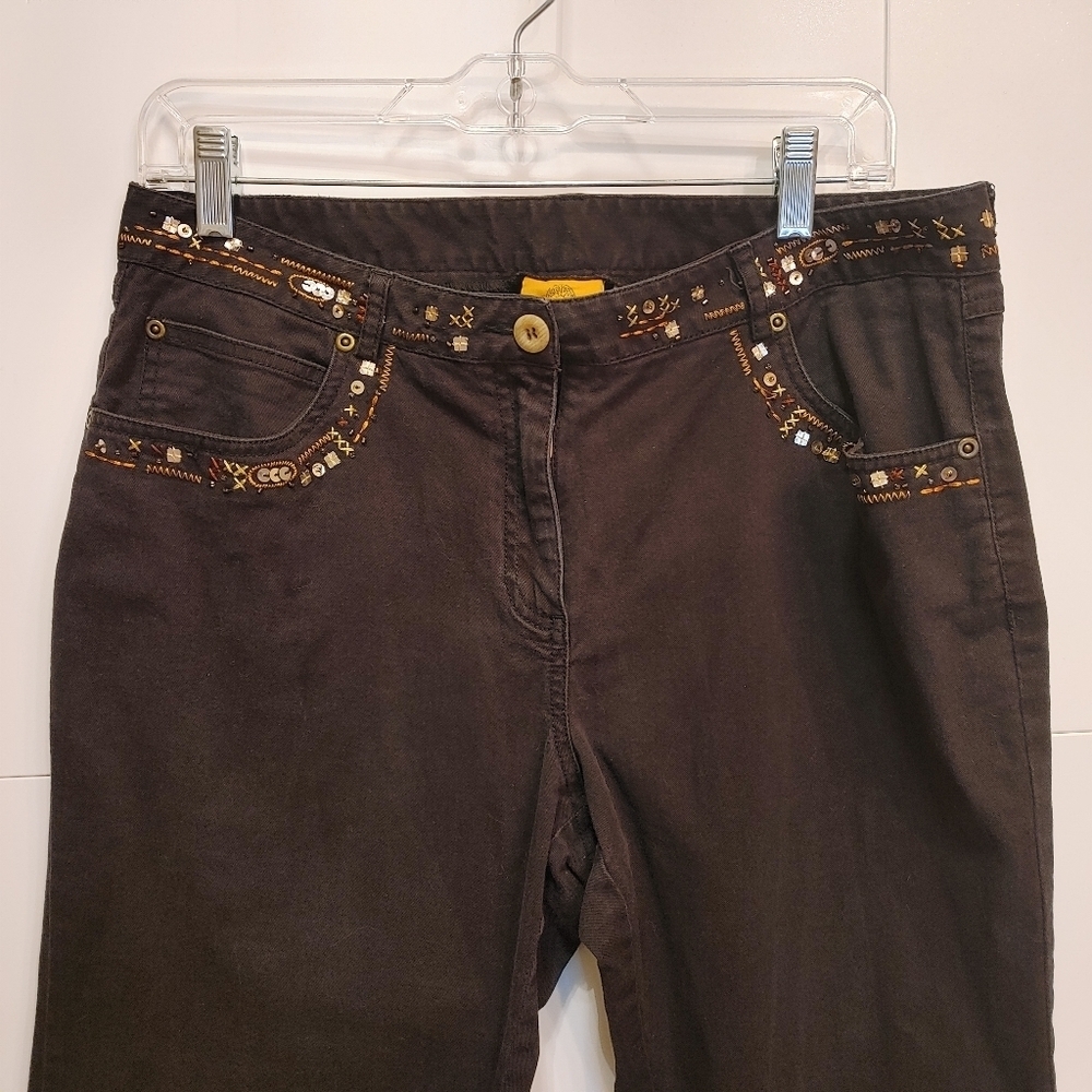 Boho Embellished Black Jeans Size 12 Straight Leg Beaded Sequin Denim - Picture 2 of 4